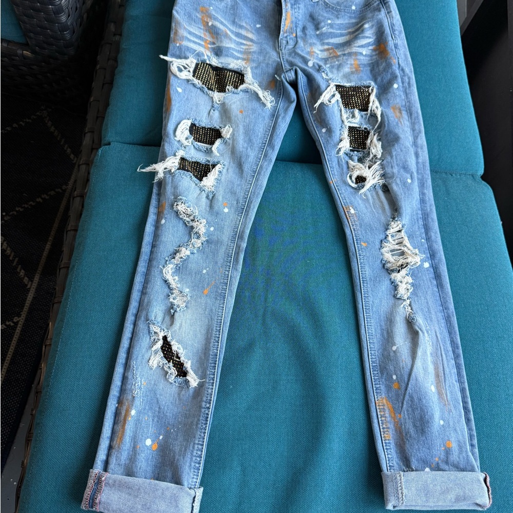 Distressed Blue Jeans with Paint Splatter